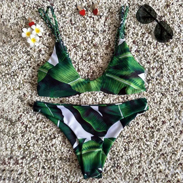 2017 Sexy Women Low Cut Push Up Bikini Brazilian Palm Leaf Printed Swimsuit Beachwear Female Strappy Swimwear Thong Micro Bikini