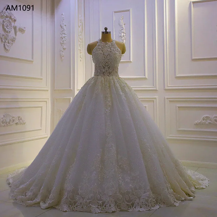 AM1091 Halter Appliqued A-Line Lace Pearls Handmade Luxury Wedding Dress