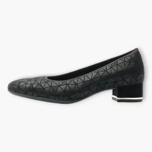 Ara Black Leather Court Shoes with Geometric Design and Silver Heel Detail