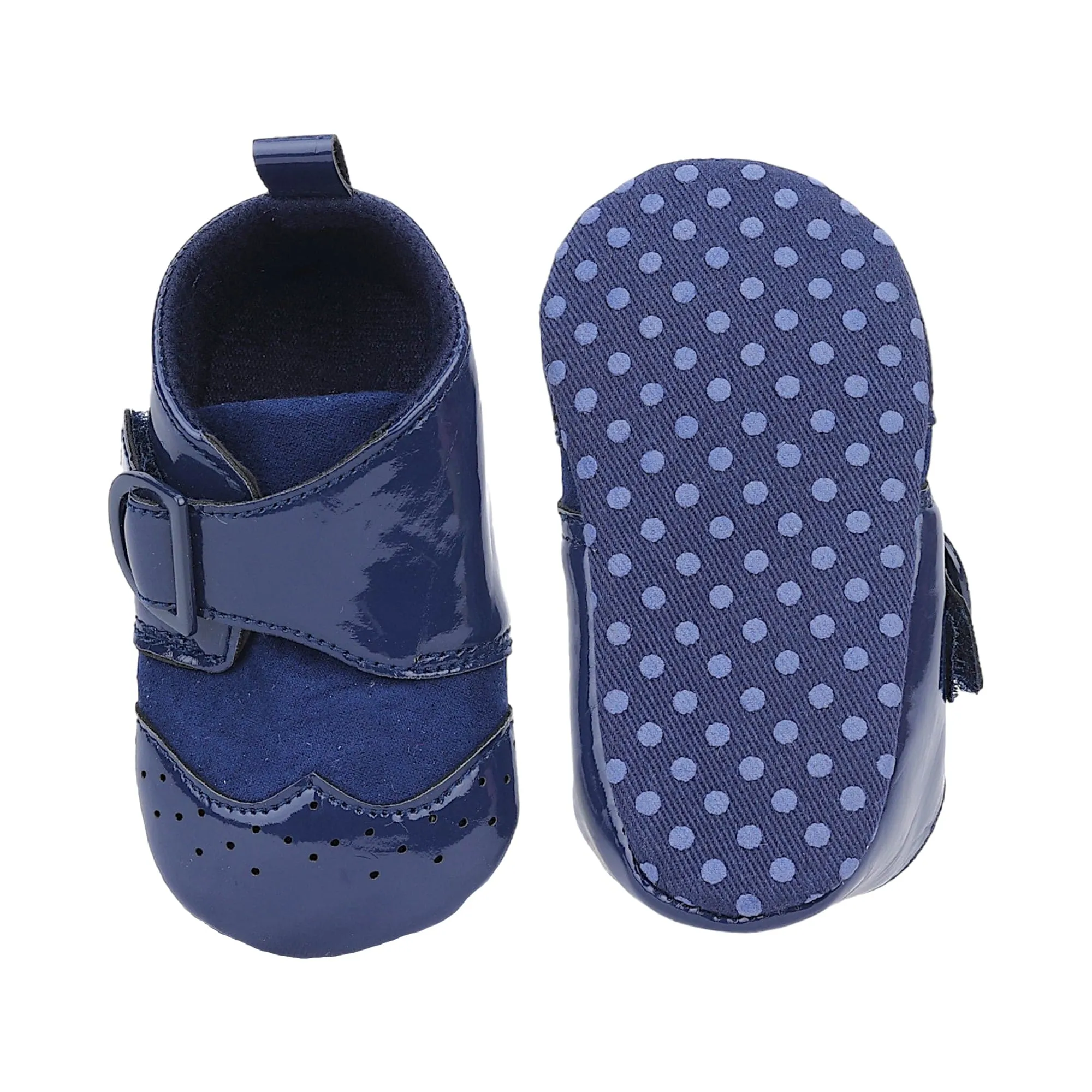 Baby Moo Breathable Buckle Closure Patent Leather Anti-Skid Ballerina Booties - Navy Blue