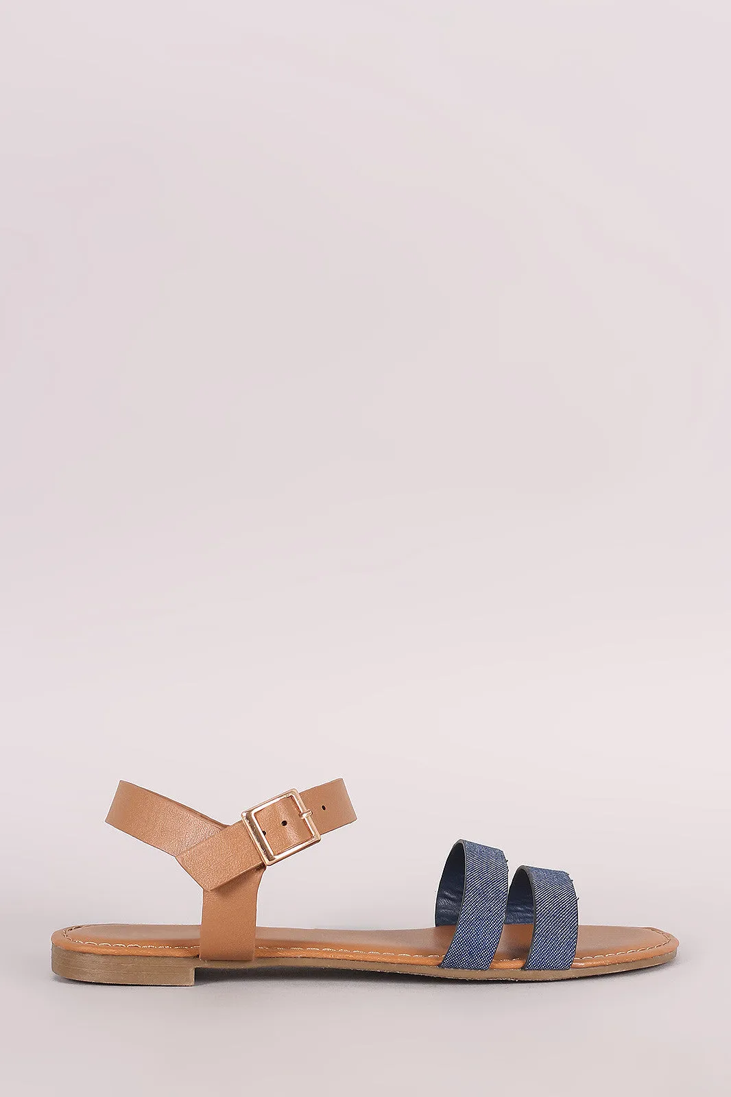 Bamboo Denim Double Band Ankle Strap Flat Sandal