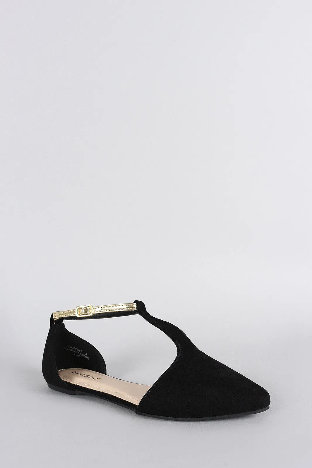 Bamboo Suede Contrast Metallic Ankle Strap Pointy Toe Flat