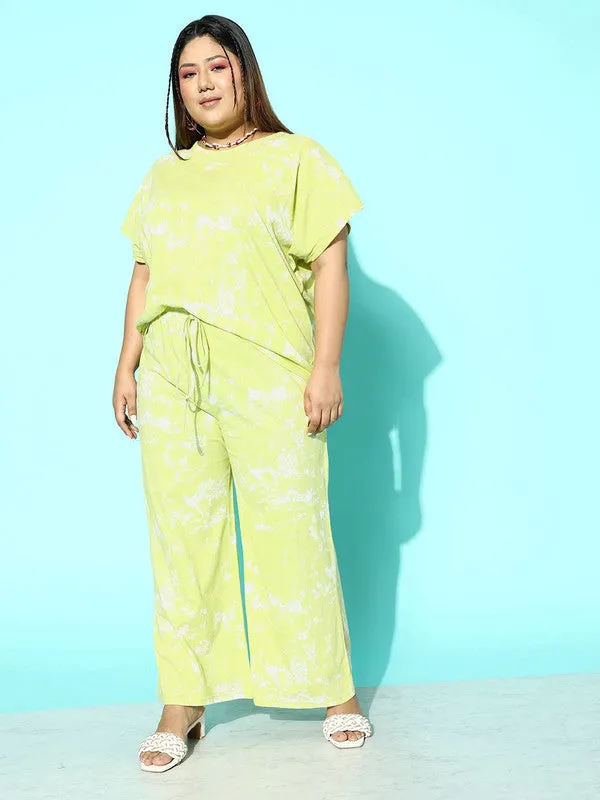 Berrylush Women Plus Size Yellow & White Tie-Dye Printed Round Neck Cotton Blend Tee & Pants Co-Ord Set