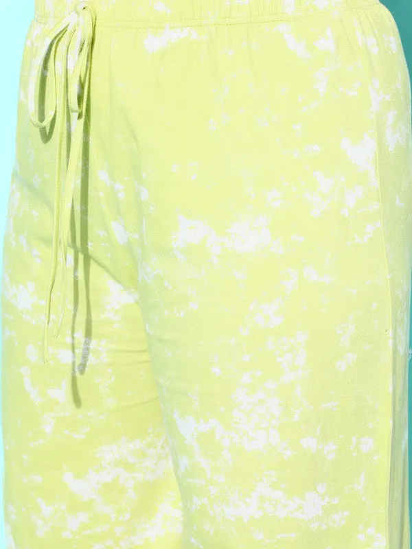 Berrylush Women Plus Size Yellow & White Tie-Dye Printed Round Neck Cotton Blend Tee & Pants Co-Ord Set