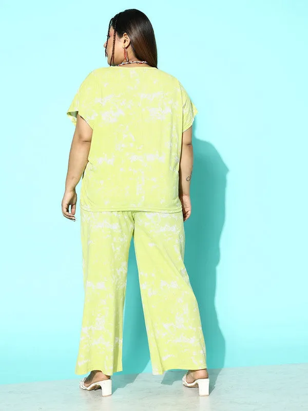 Berrylush Women Plus Size Yellow & White Tie-Dye Printed Round Neck Cotton Blend Tee & Pants Co-Ord Set