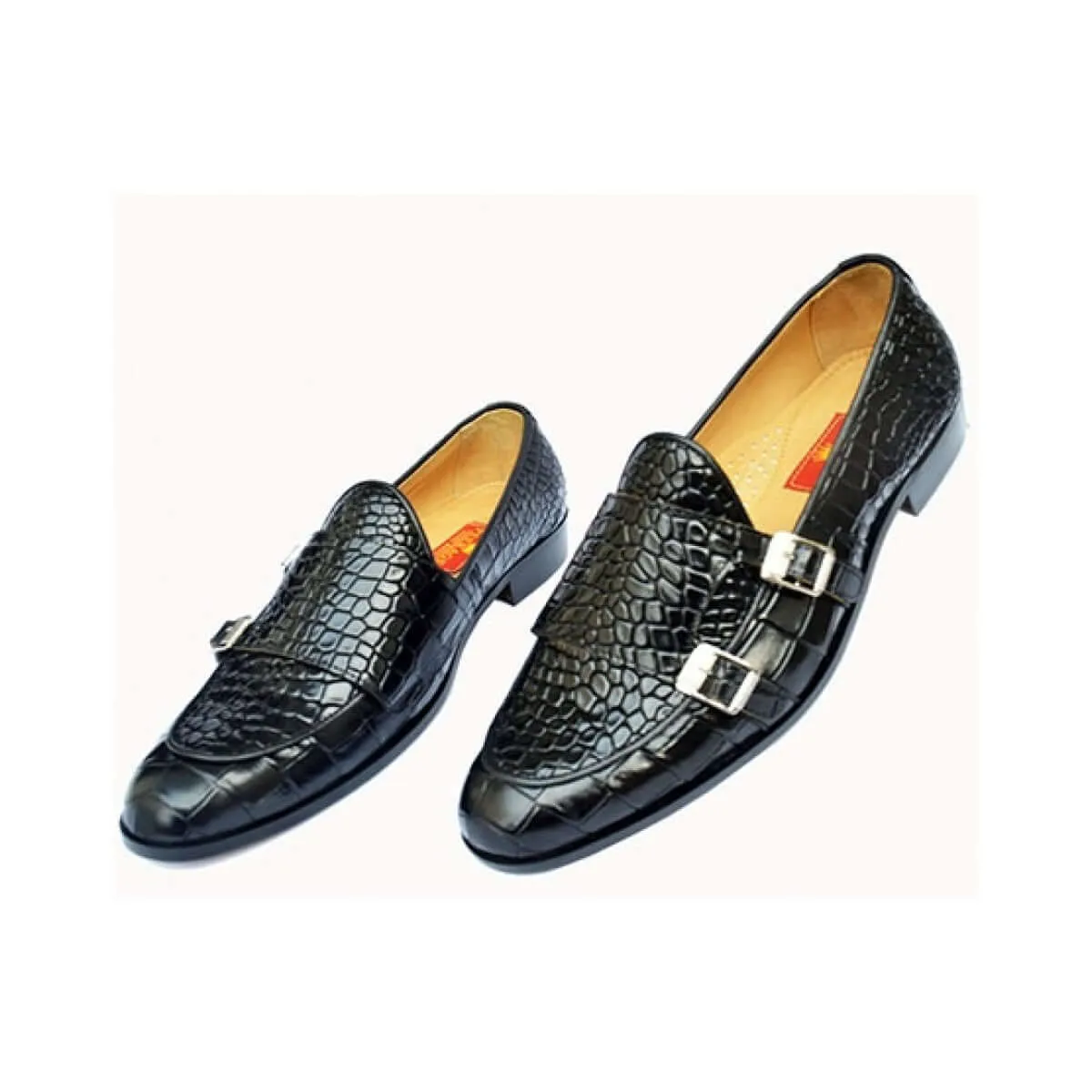 Bespoke Black Alligator Texture Leather Double Monk Straps Shoes for Men