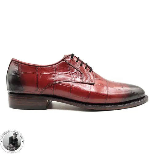 Bespoke Red Crocodile Print Leather Black Shaded Derby Lace Up Formal Handmade Men Shoes