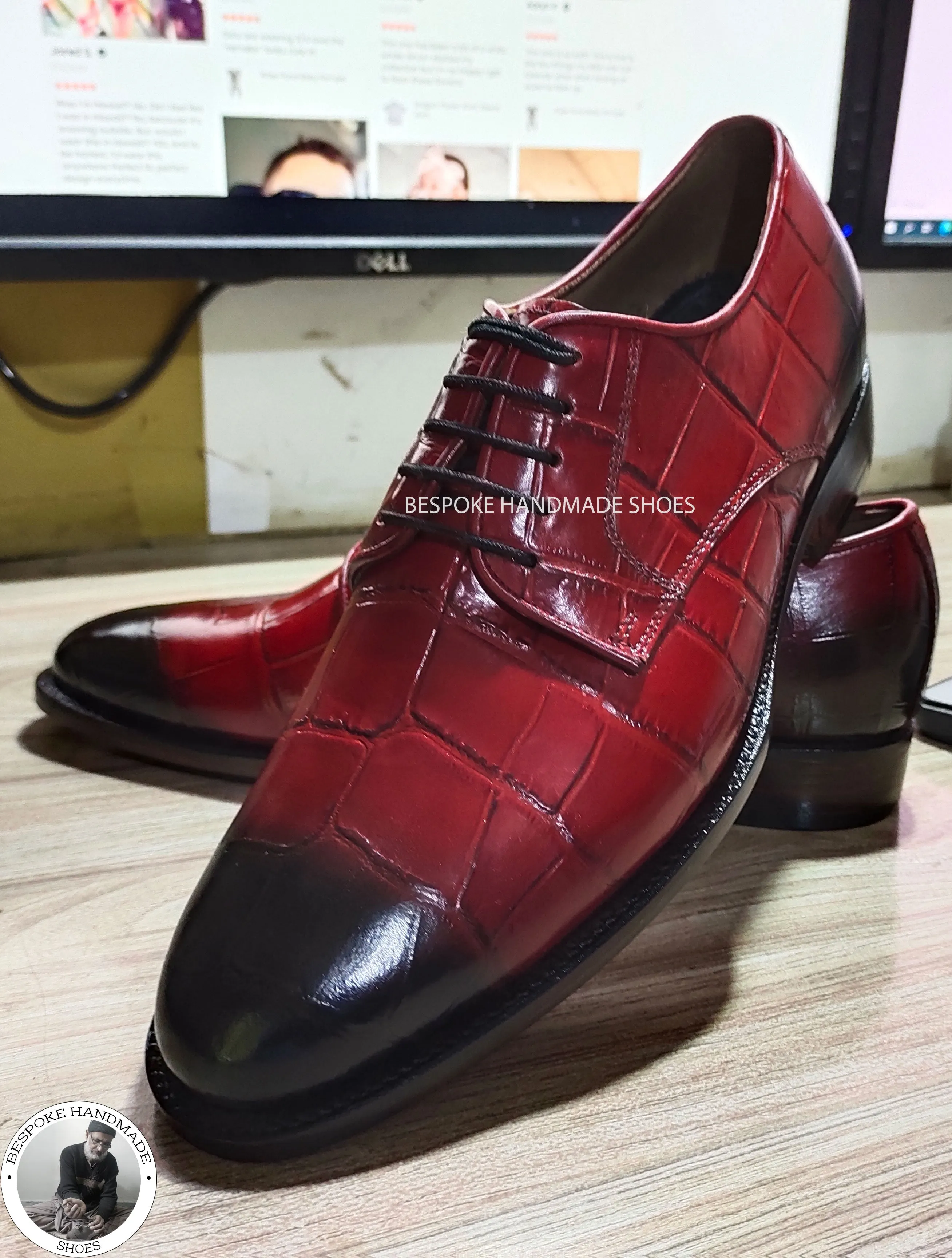 Bespoke Red Crocodile Print Leather Black Shaded Derby Lace Up Formal Handmade Men Shoes