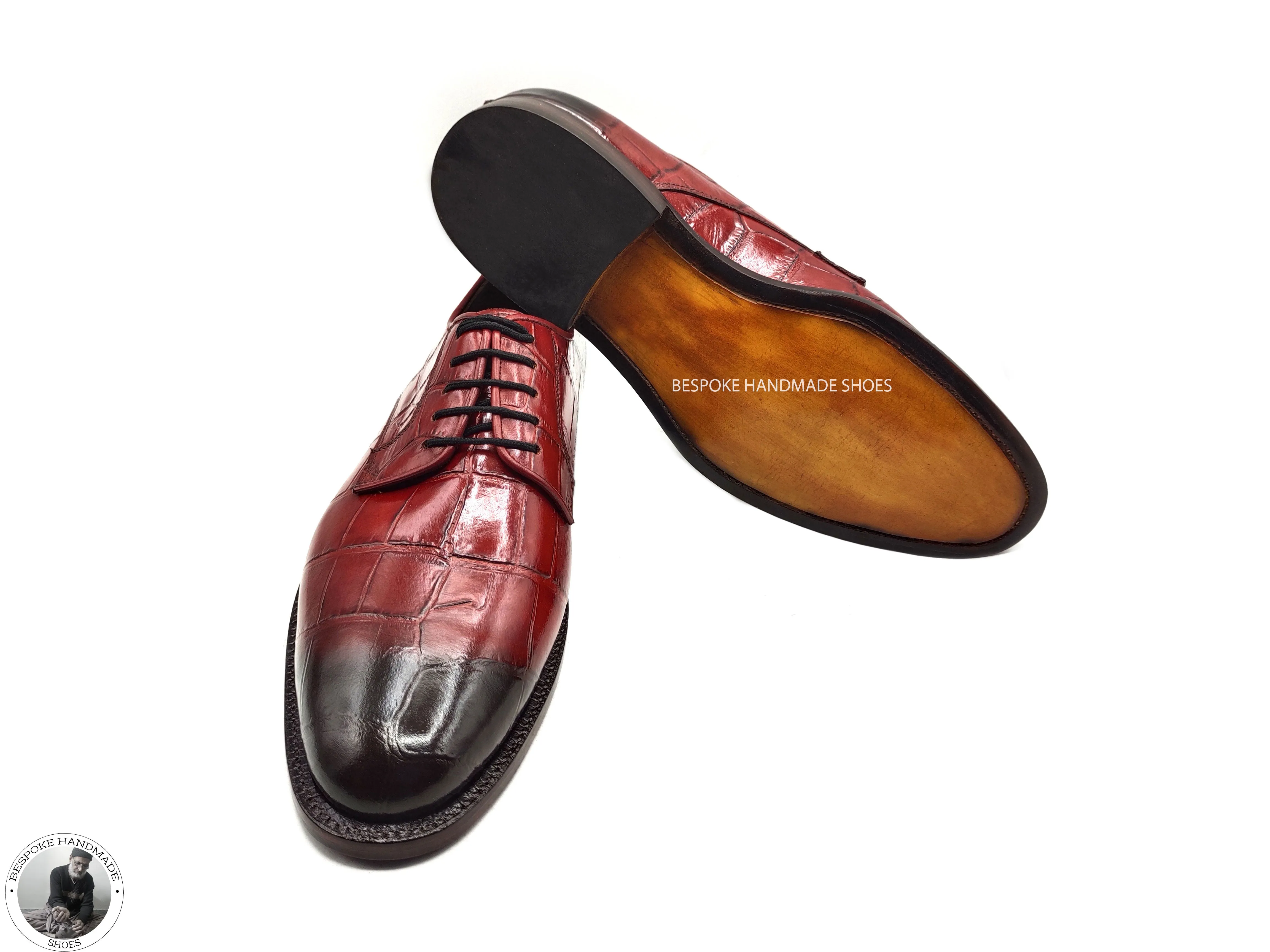 Bespoke Red Crocodile Print Leather Black Shaded Derby Lace Up Formal Handmade Men Shoes