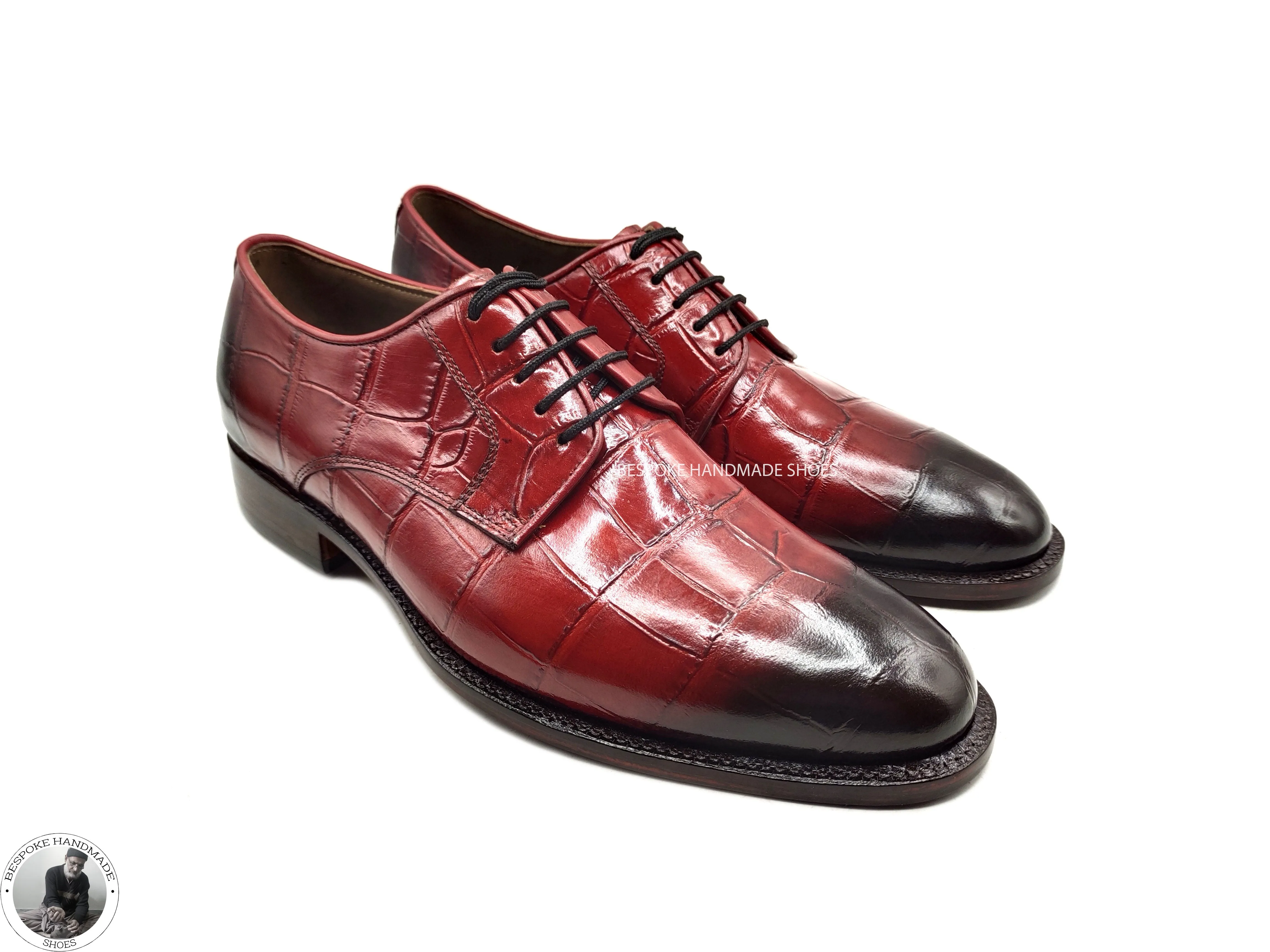 Bespoke Red Crocodile Print Leather Black Shaded Derby Lace Up Formal Handmade Men Shoes