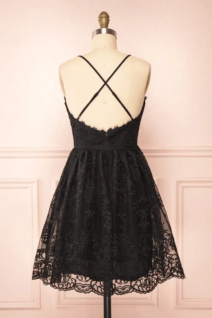 Black Lace Straps A-line Short Party Dress Lace Homecoming Dresses PD466