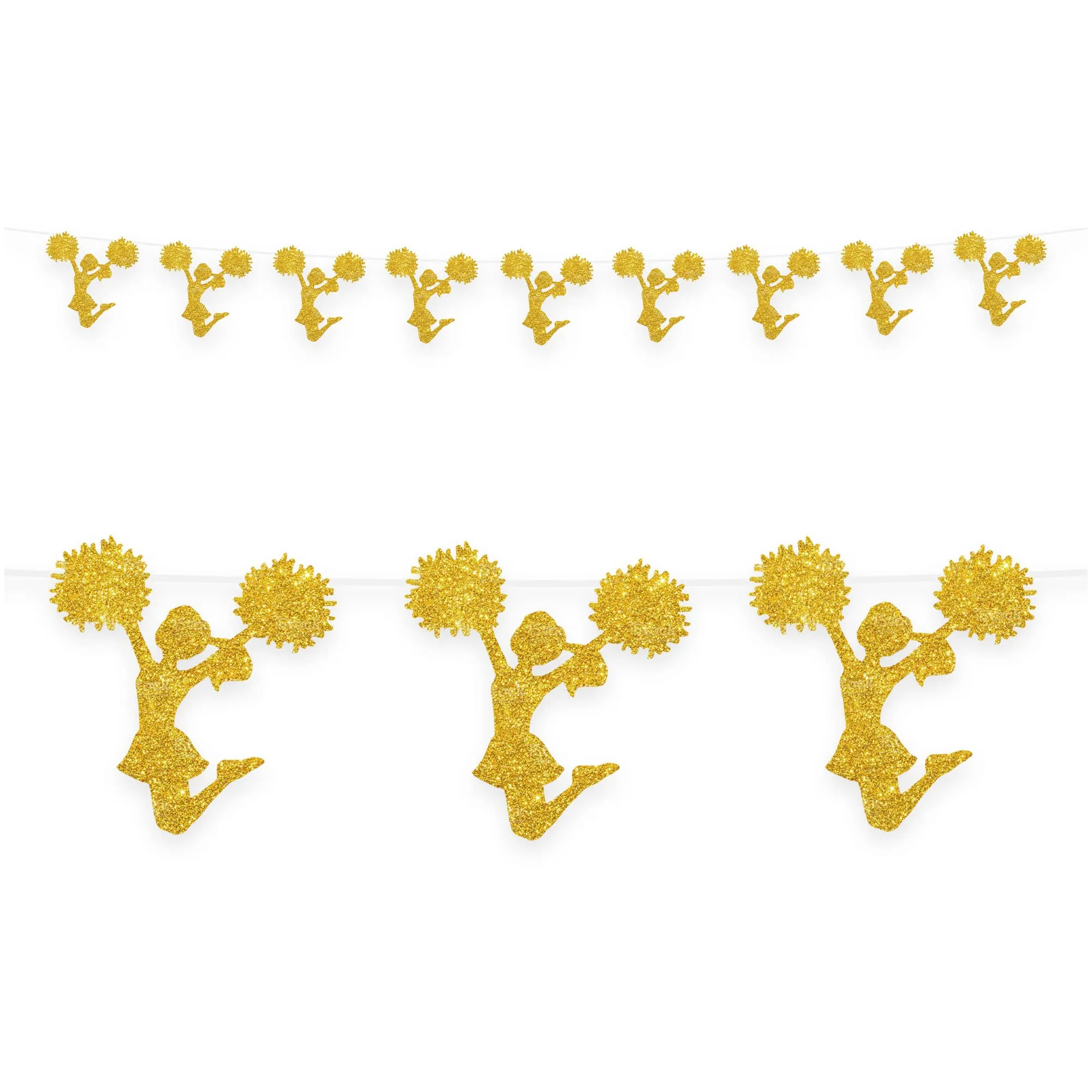 Cheer Party Supplies - Gold Glitter Cheerleader Silhouette Banner Garland for Pom Squad, School Spirit, and Cheerleading Party Decorations