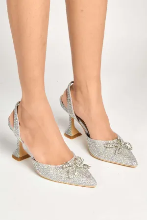 Chilla Diamante Embellished Sling Back Court Shoes in Silver