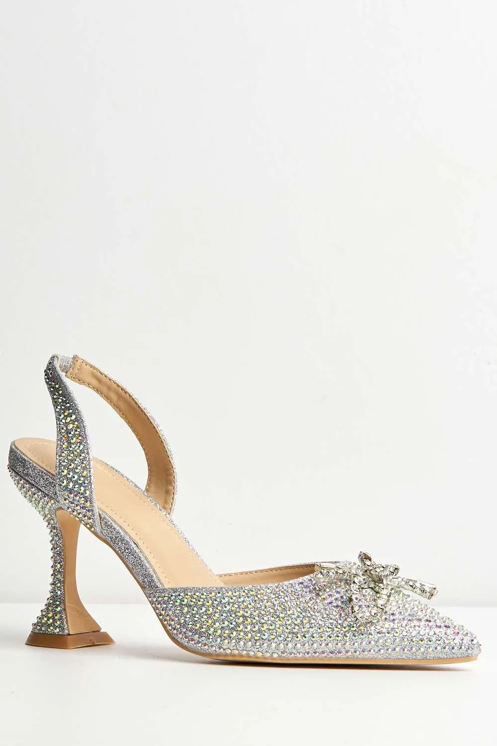 Chilla Diamante Embellished Sling Back Court Shoes in Silver