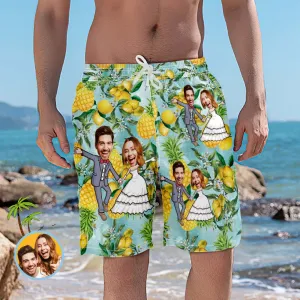 Custom Wedding Beach Shorts Funny Pineapple Couple Face Swim Trunks