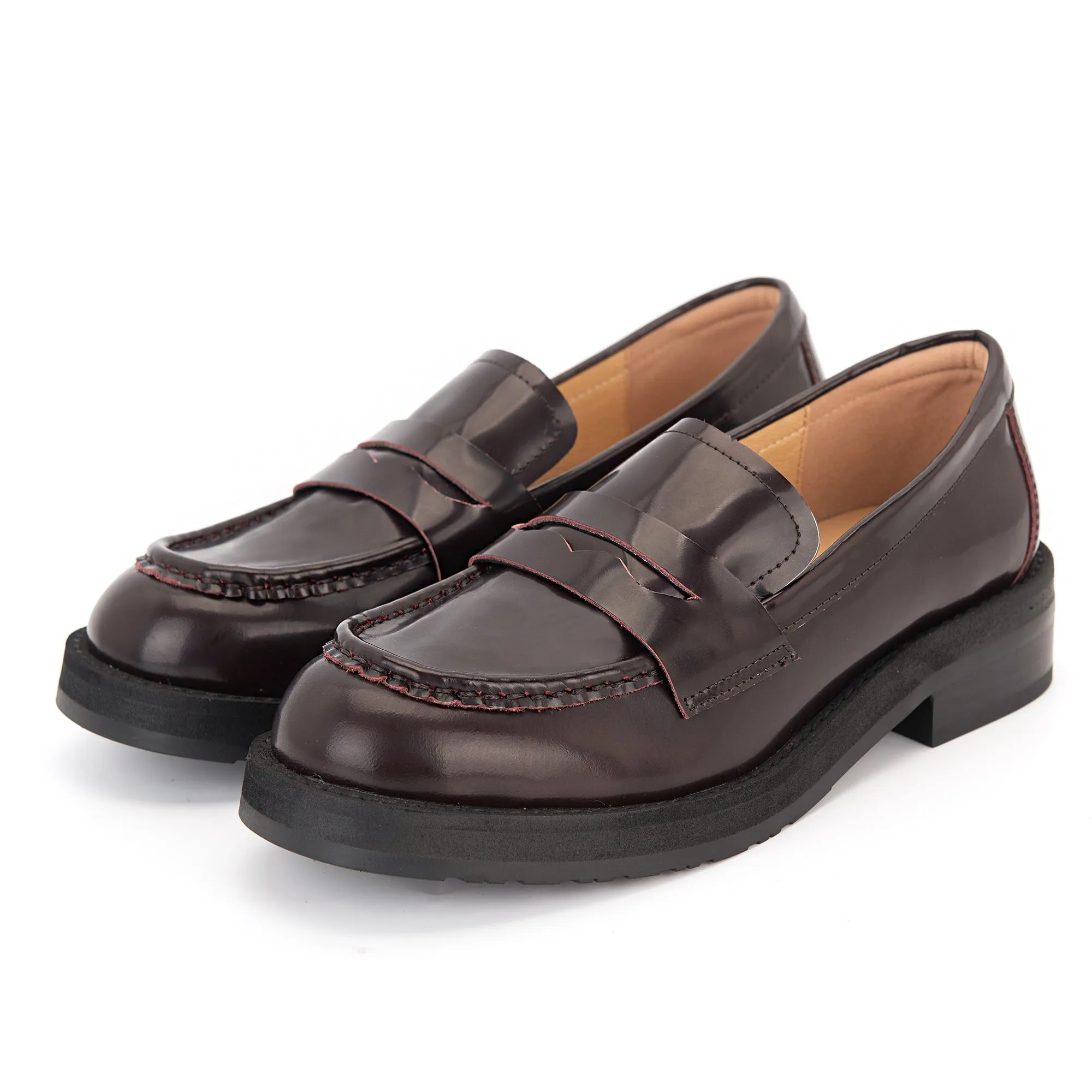 Designer Calf Leather Penny Loafers for Women Block Heel in Black/Wine Red