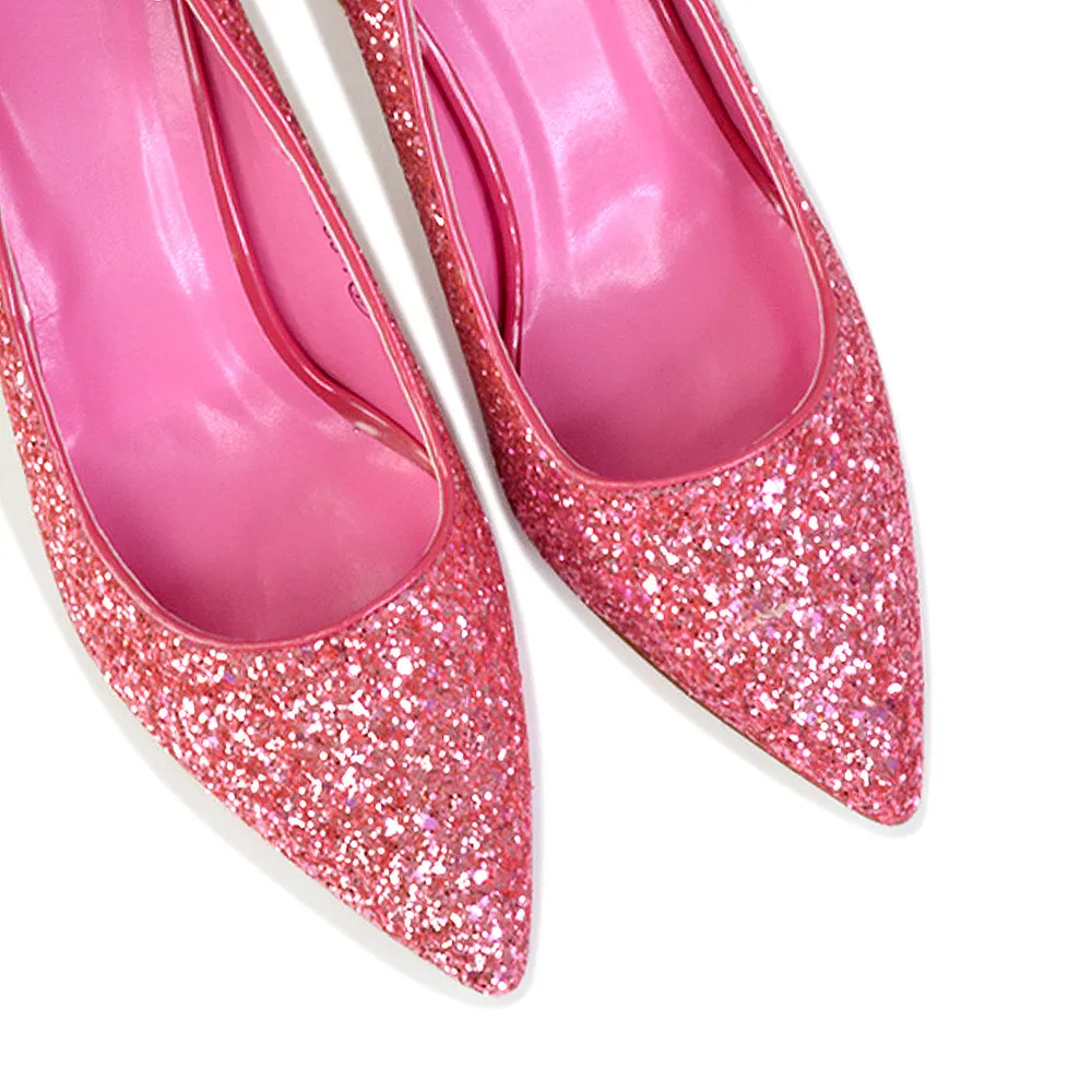 Dragonfruit Glitter Pumps Pointed Toe Sparkly Glitter Heel Court Shoes in Pink