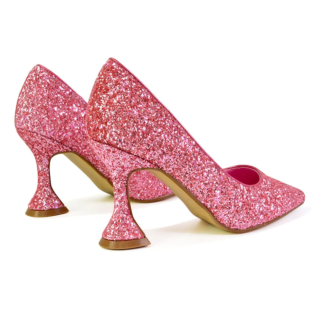 Dragonfruit Glitter Pumps Pointed Toe Sparkly Glitter Heel Court Shoes in Pink