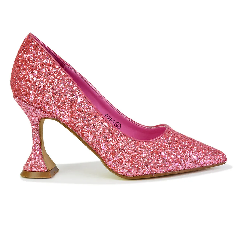 Dragonfruit Glitter Pumps Pointed Toe Sparkly Glitter Heel Court Shoes in Pink