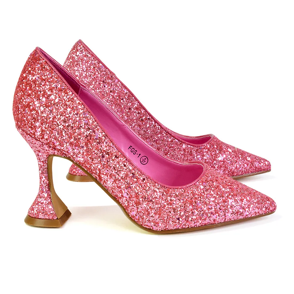 Dragonfruit Glitter Pumps Pointed Toe Sparkly Glitter Heel Court Shoes in Pink