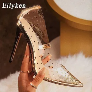 EilyKen Golden Rhinestone PVC transparent Women Pumps Shoes Spring Autumn High Heels PVC Sexy Party  Wedding shoes size 41  42