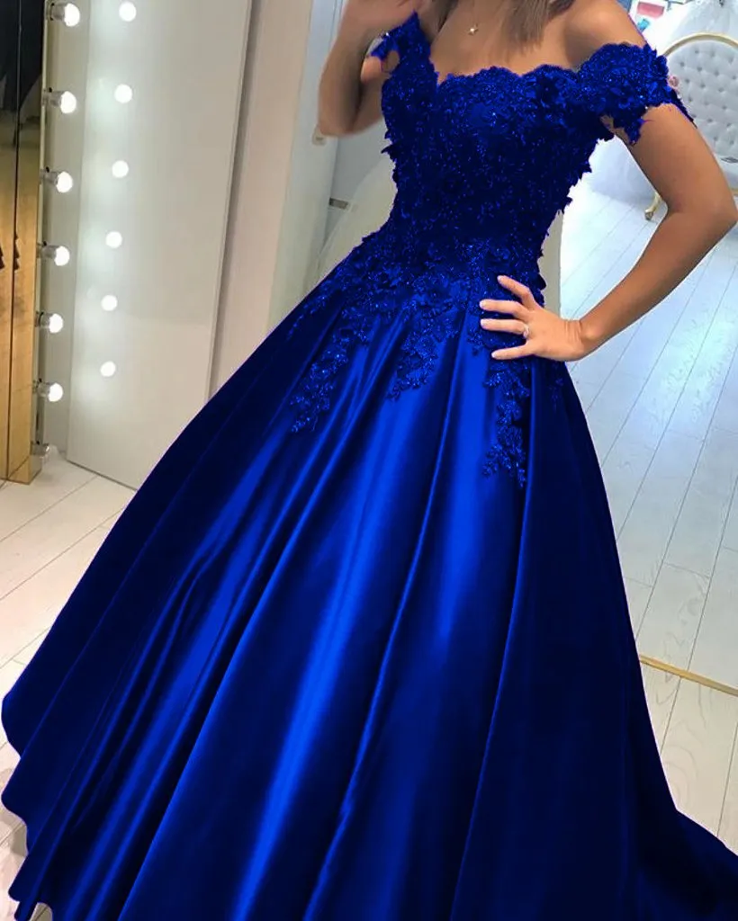 Elegant V-neck Off The Shoulder Lace Beaded Prom Dresses Floor Length Evening Gowns