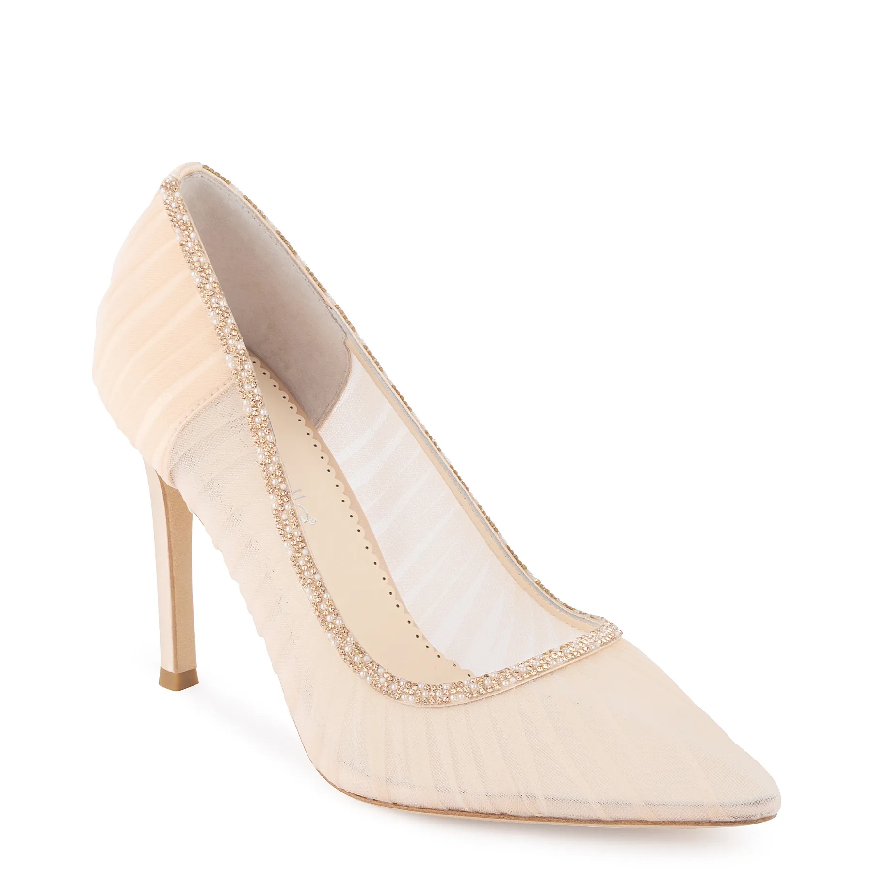 Emmaline - Crystal Embellished Pleated Tulle Blush Sheer Pumps