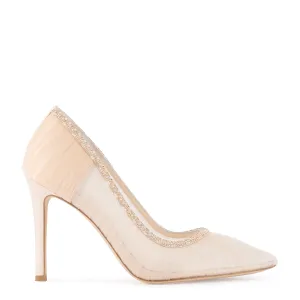 Emmaline - Crystal Embellished Pleated Tulle Blush Sheer Pumps