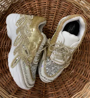 FUNKY N TRENDY dual theme gold silver sneakers for brides / silver sneakers for bridesmaids/ handcrafted sneakers/ golden sneakers / bridal sneakers / bridesmaid sneakers/ golden hand work sneakers