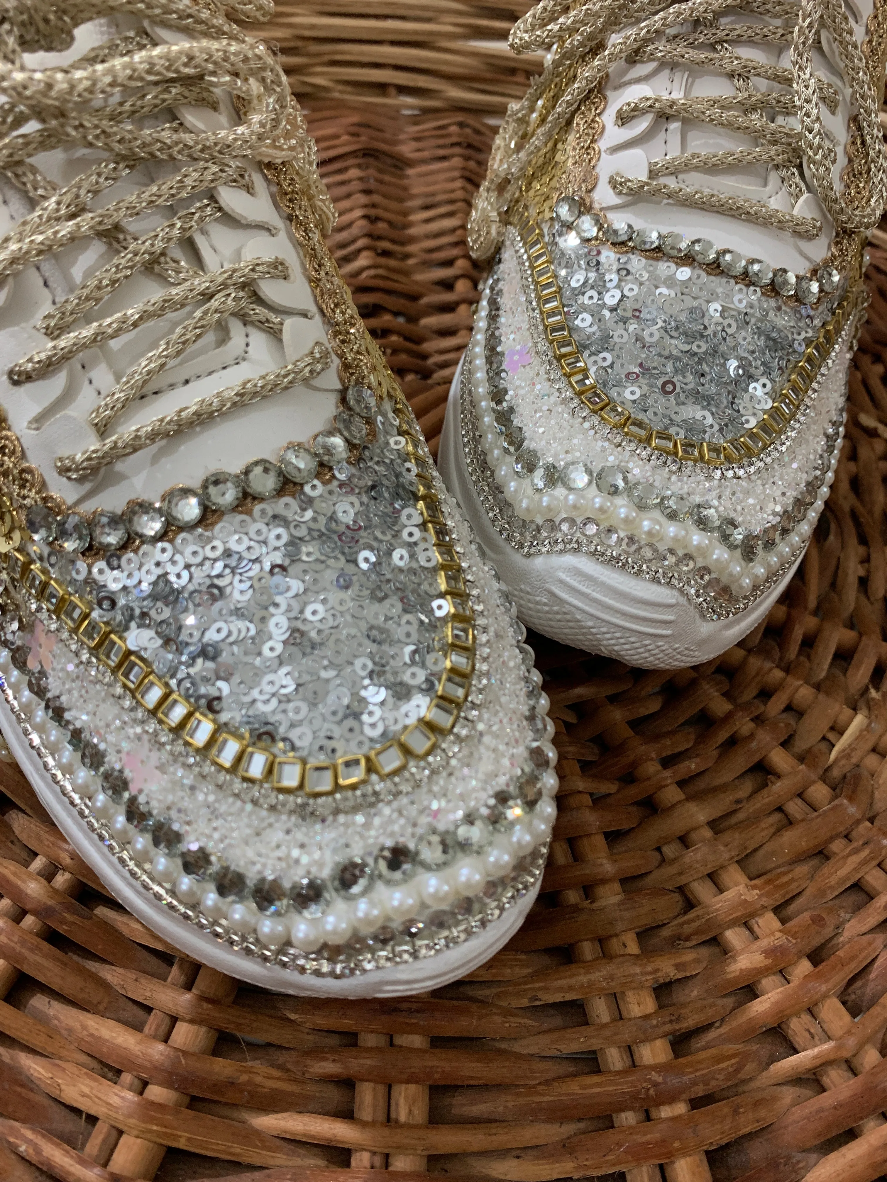 FUNKY N TRENDY dual theme gold silver sneakers for brides / silver sneakers for bridesmaids/ handcrafted sneakers/ golden sneakers / bridal sneakers / bridesmaid sneakers/ golden hand work sneakers