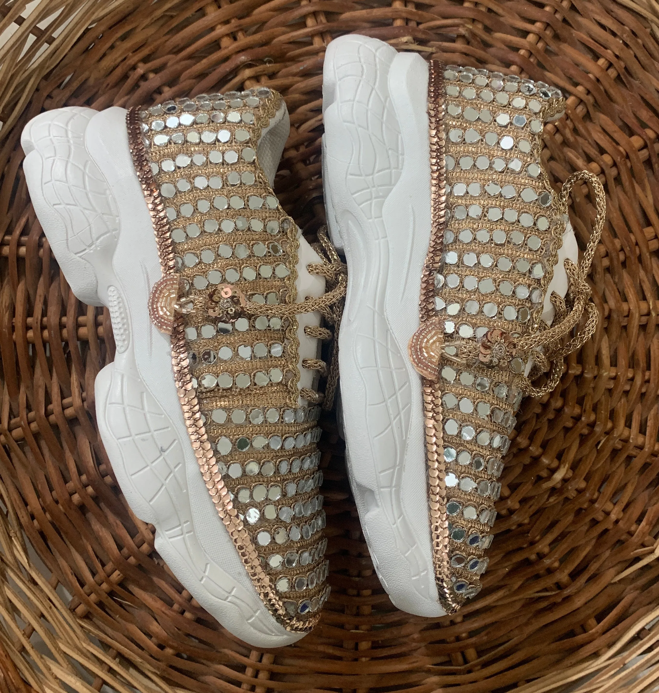 FUNKY N TRENDY rose gold mirror hand work sneakers for brides / bridesmaids/ rose gold sneakers / rose gold shoes/ tan peach shoes/ mirror shoes