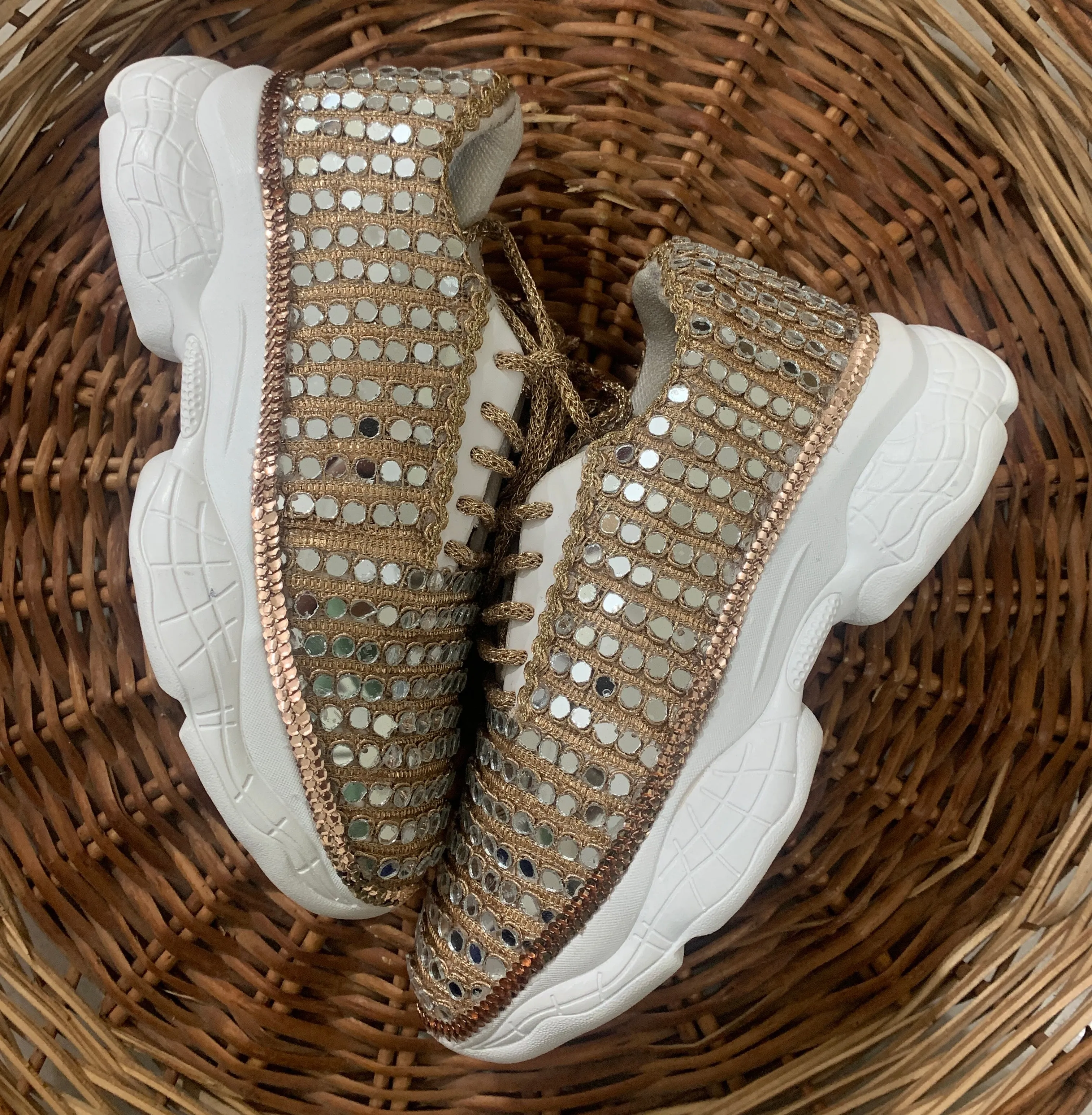 FUNKY N TRENDY rose gold mirror hand work sneakers for brides / bridesmaids/ rose gold sneakers / rose gold shoes/ tan peach shoes/ mirror shoes