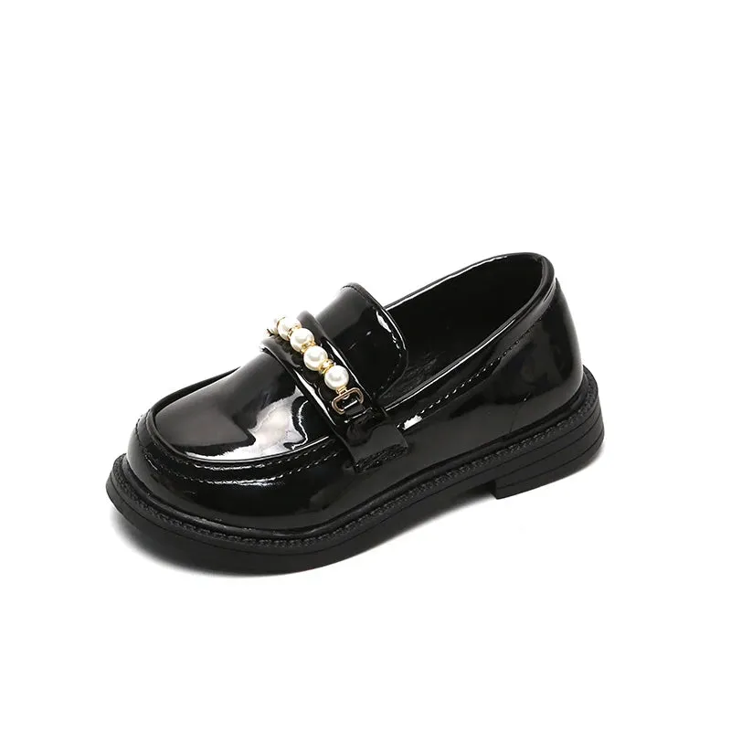 Girls Leather Shoes for School Party Wedding Kids Black Loafers Slip-on Children Flats Fashion British Style Pearls Beading New