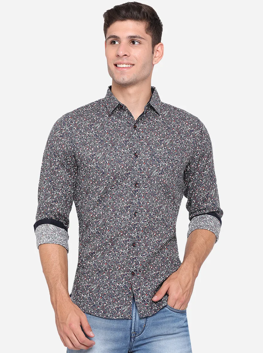 Gunmetal Grey Printed Slim Fit Semi Casual Shirt | JadeBlue