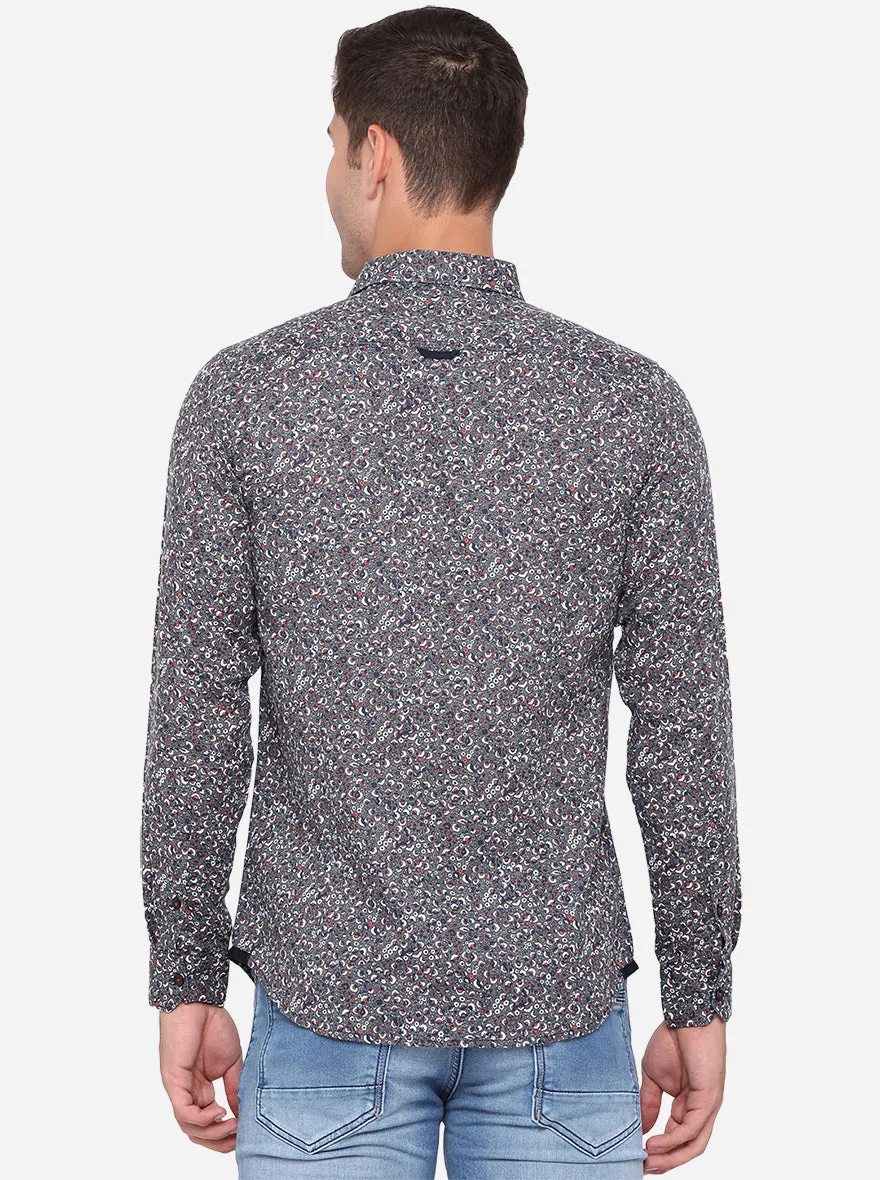 Gunmetal Grey Printed Slim Fit Semi Casual Shirt | JadeBlue