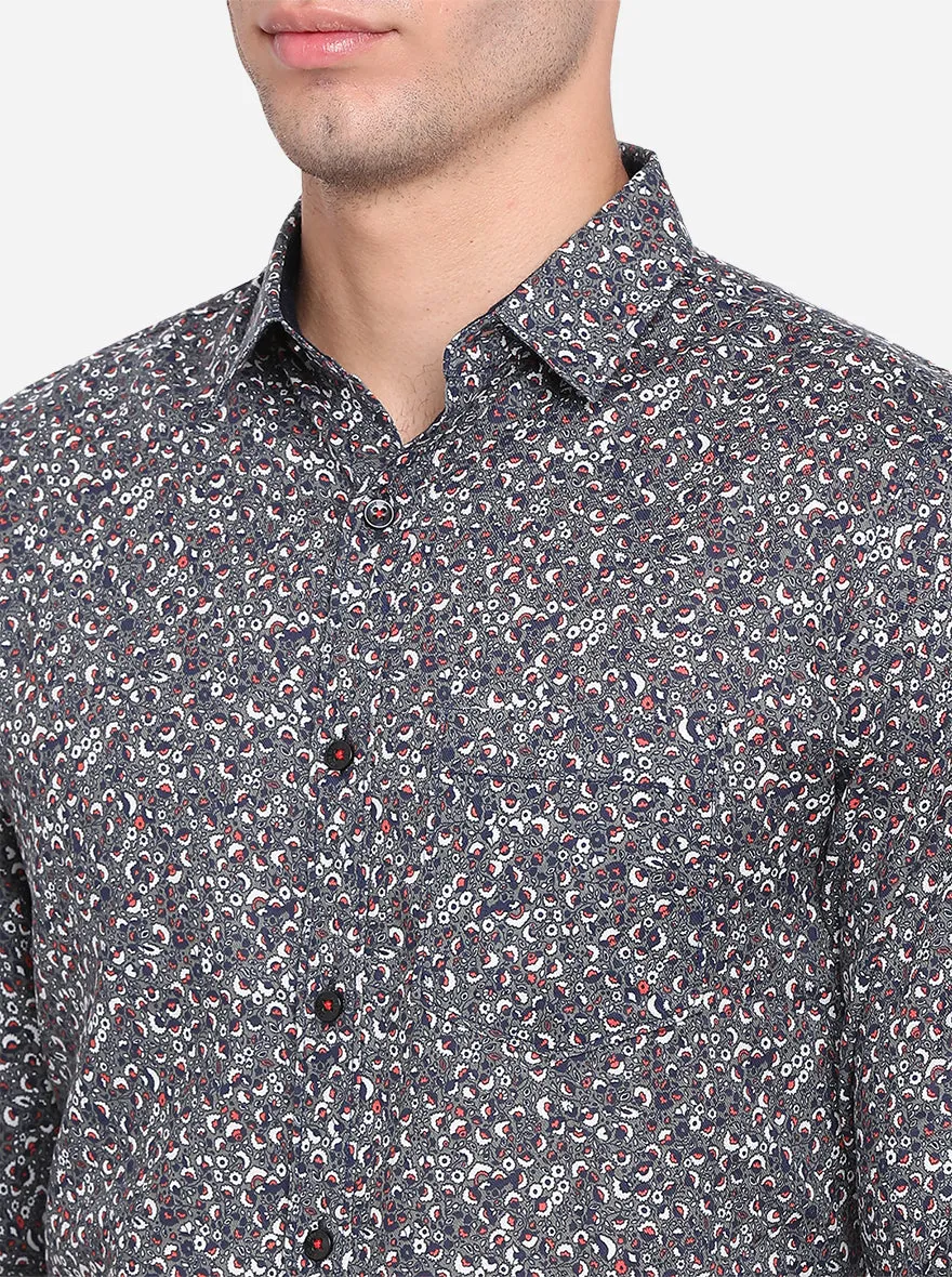 Gunmetal Grey Printed Slim Fit Semi Casual Shirt | JadeBlue