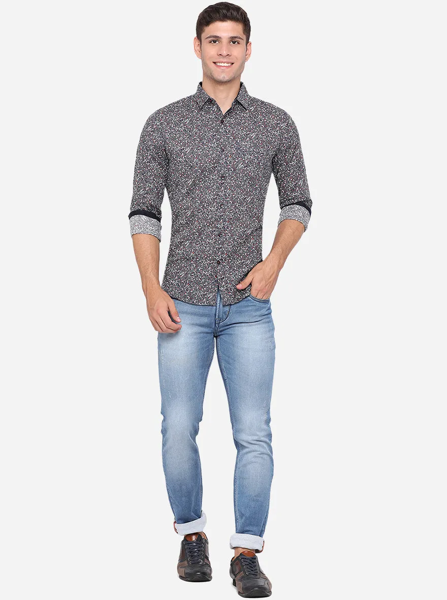 Gunmetal Grey Printed Slim Fit Semi Casual Shirt | JadeBlue