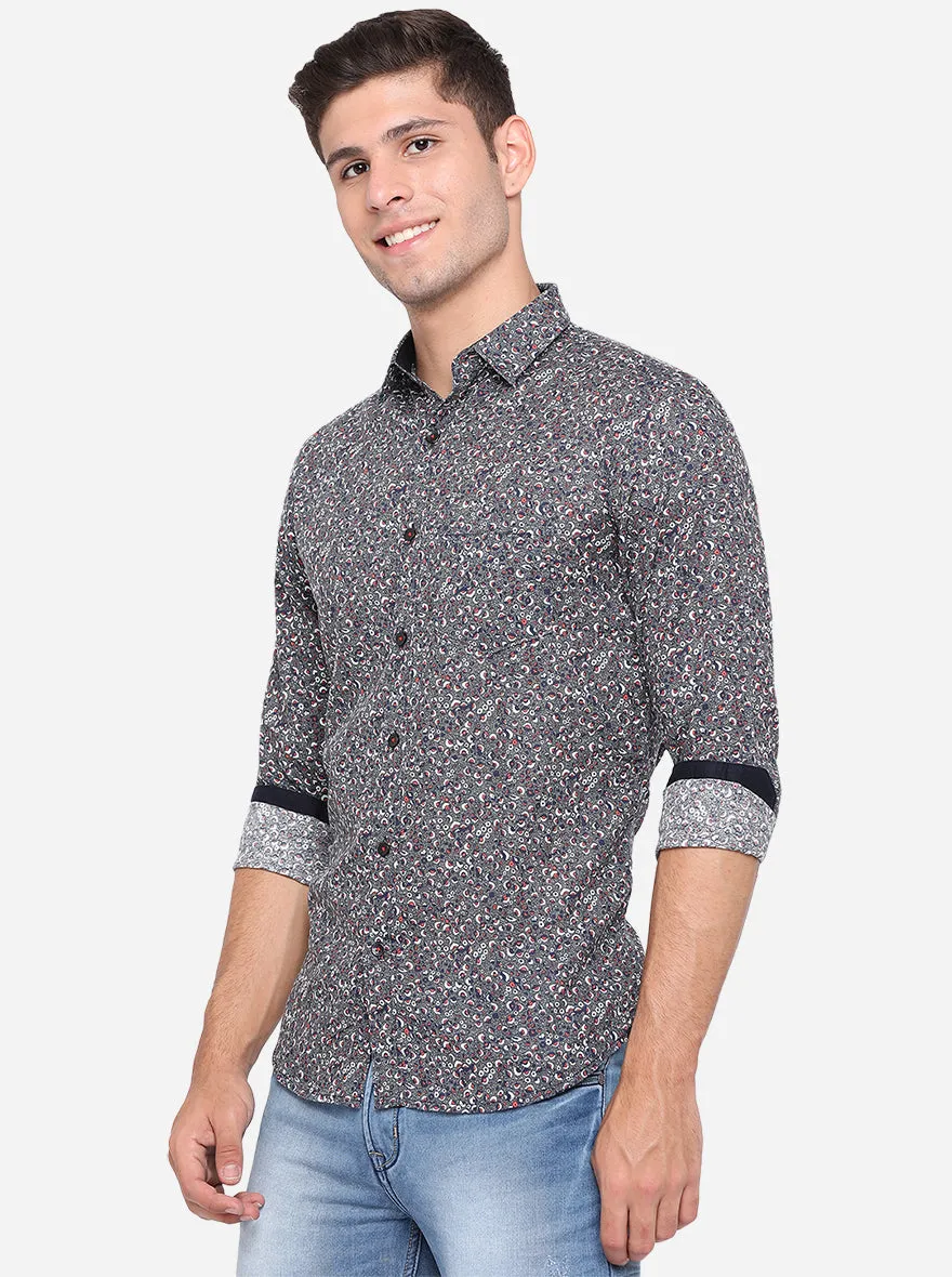 Gunmetal Grey Printed Slim Fit Semi Casual Shirt | JadeBlue