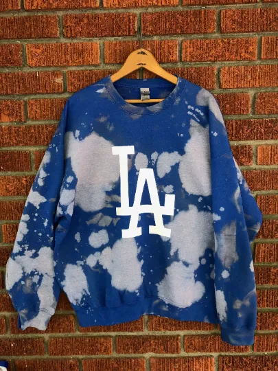 Handmade Los Angeles LA Dodgers Royal Blue or Navy Hand Bleached Unisex Crewneck Sweatshirt