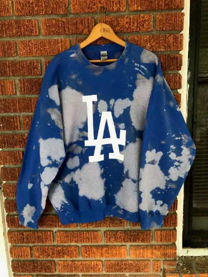 Handmade Los Angeles LA Dodgers Royal Blue or Navy Hand Bleached Unisex Crewneck Sweatshirt