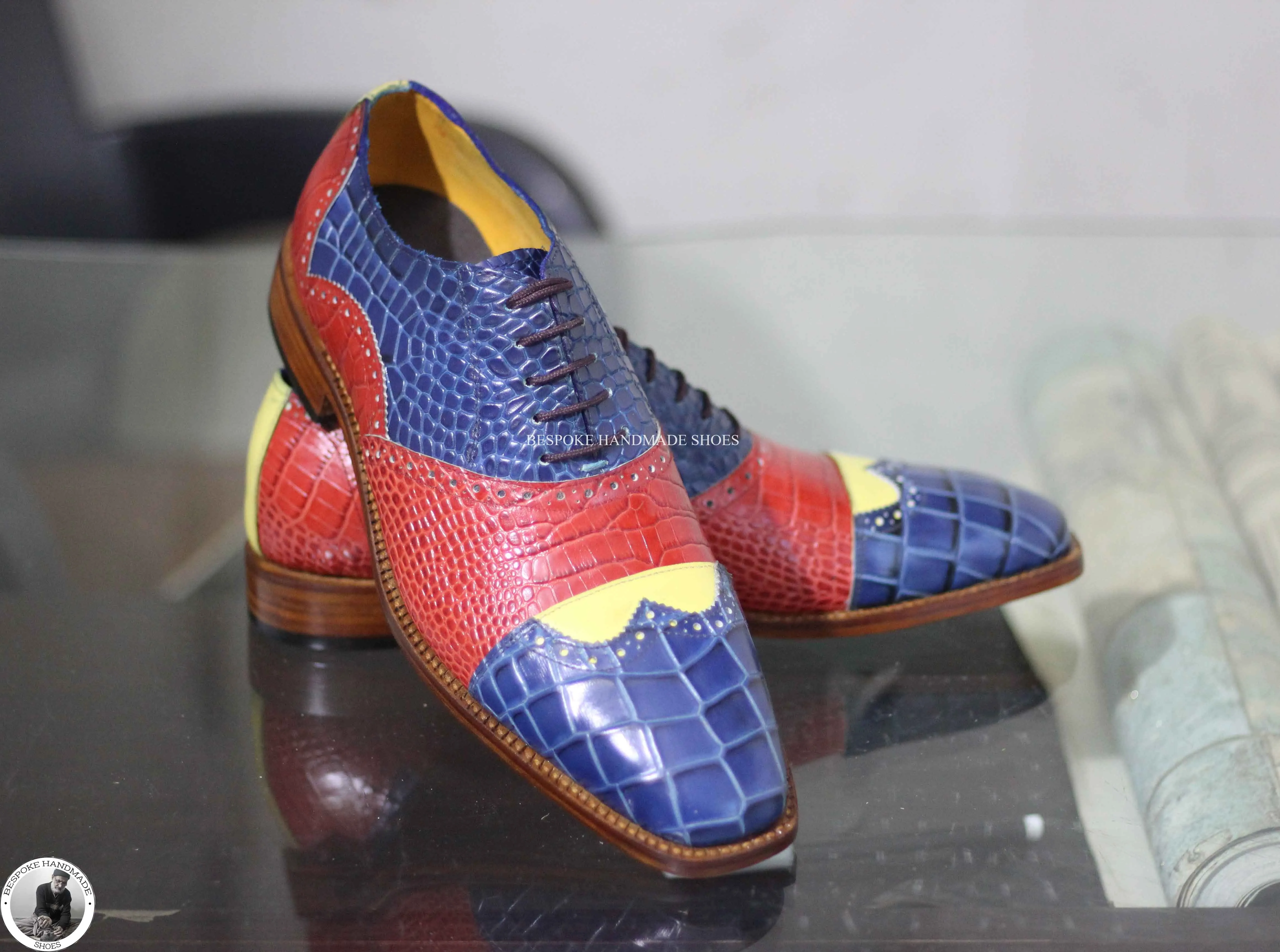 Handmade Men's Dress Shoes,  Red, Yellow, Blue Alligator Print Leather Oxford Wingtip Lace Up Stylish Men's Shoes