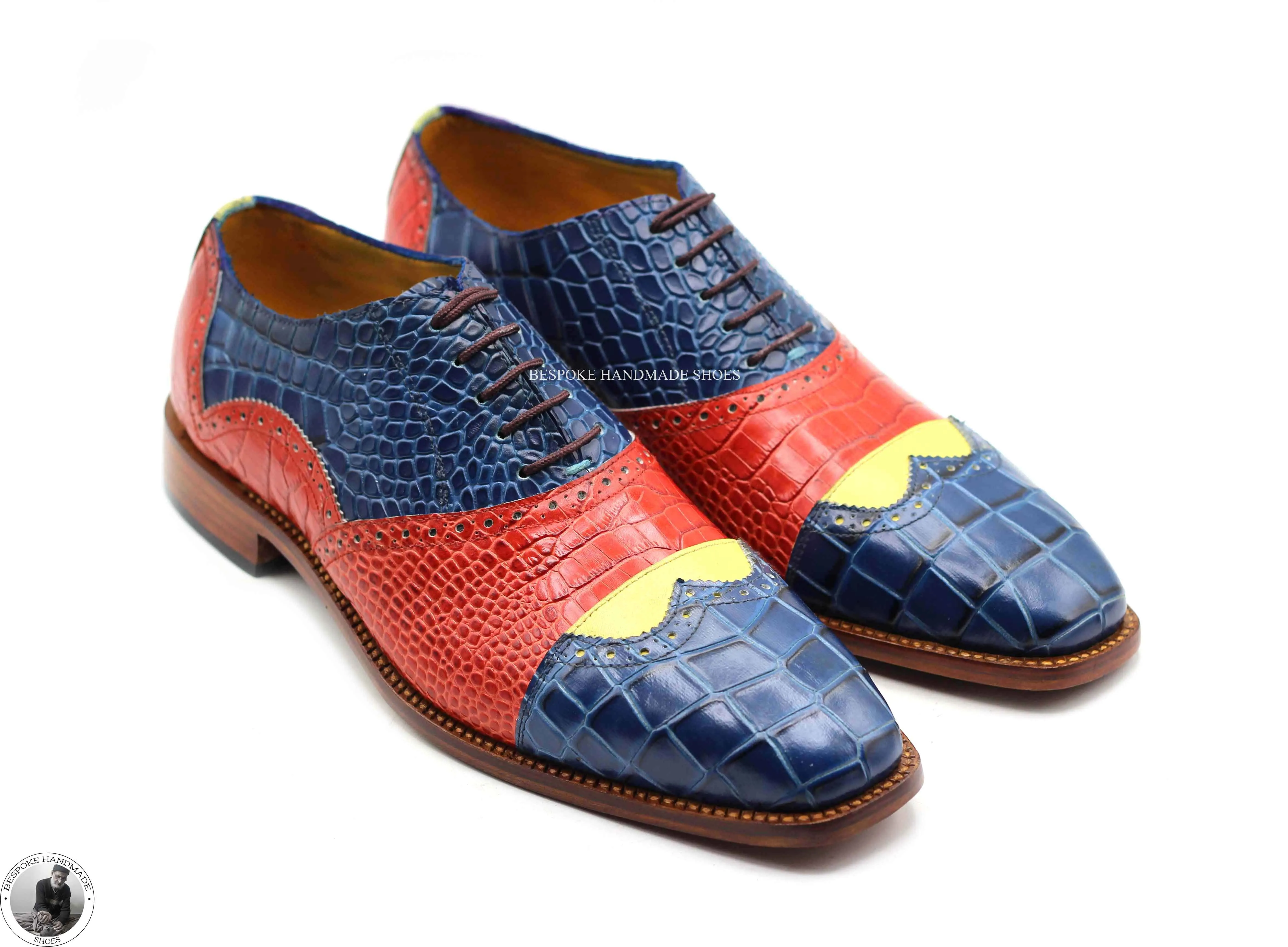 Handmade Men's Dress Shoes,  Red, Yellow, Blue Alligator Print Leather Oxford Wingtip Lace Up Stylish Men's Shoes