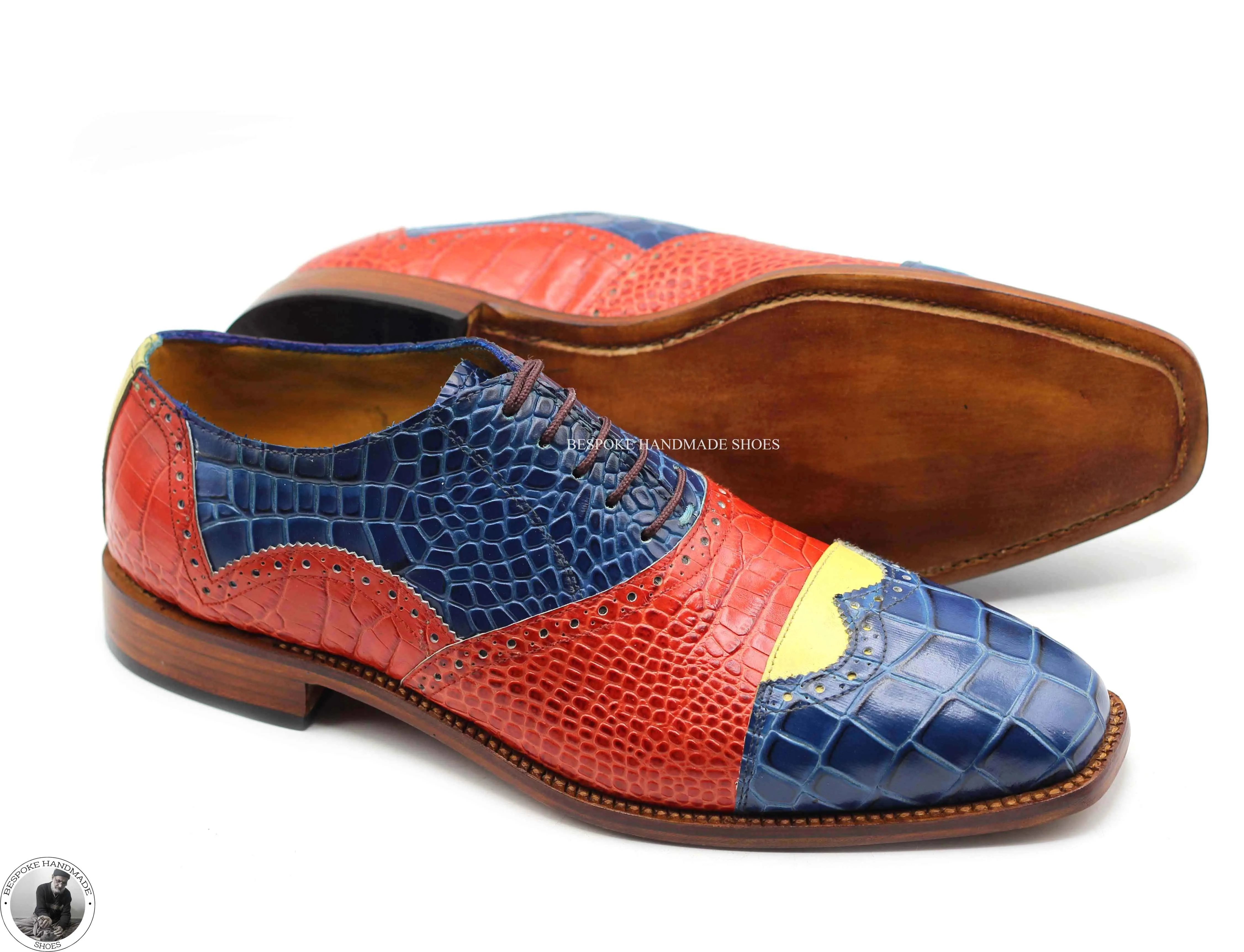 Handmade Men's Dress Shoes,  Red, Yellow, Blue Alligator Print Leather Oxford Wingtip Lace Up Stylish Men's Shoes