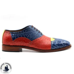 Handmade Men's Dress Shoes,  Red, Yellow, Blue Alligator Print Leather Oxford Wingtip Lace Up Stylish Men's Shoes