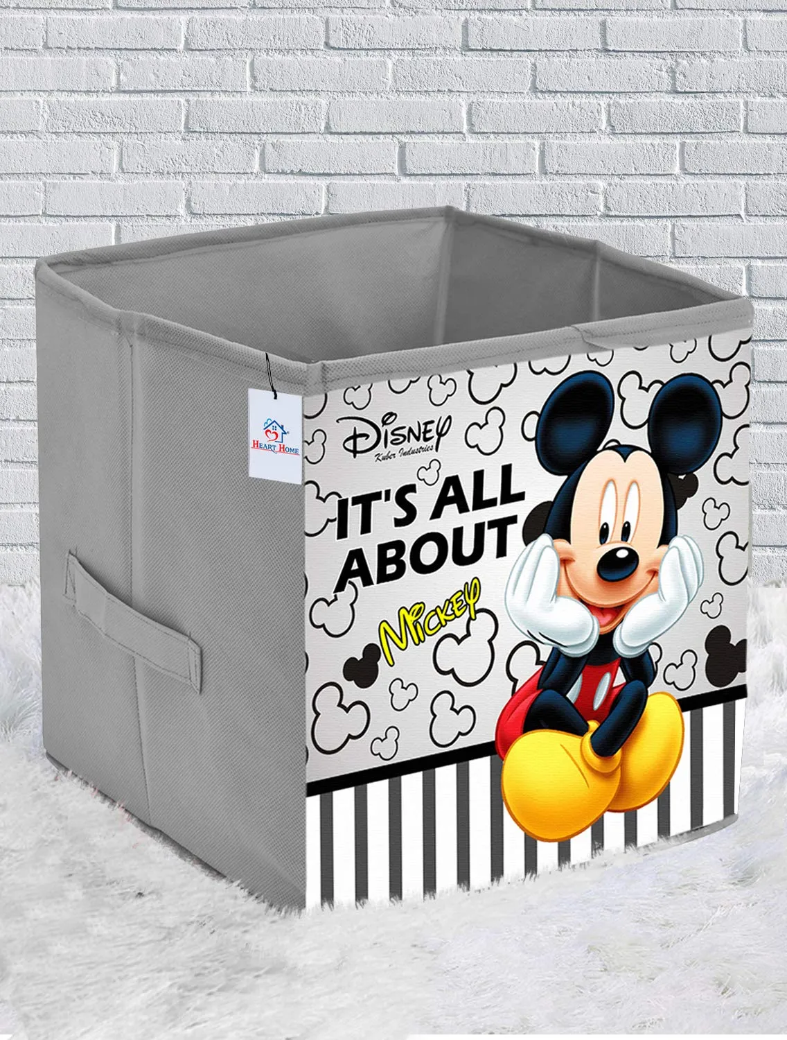 Heart Home Disney Mickey Print Non Woven 2 Pieces Fabric Foldable Storage Cube For Toy,Books,Shoes Storage Box With Handle,Extra Large (Grey)-HHEART16130