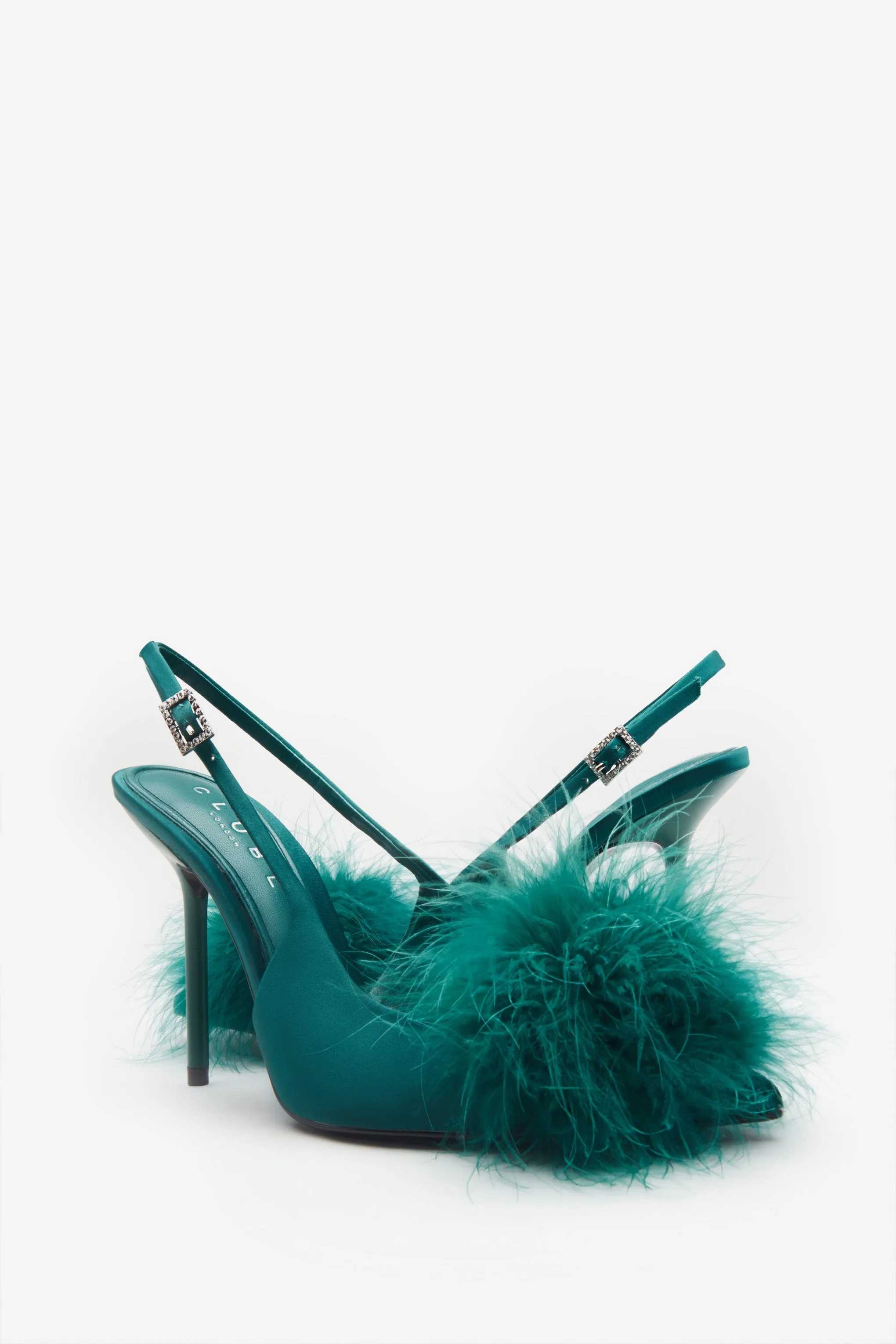 High Pitched | Green Satin Sling Back Heels With Pom Poms