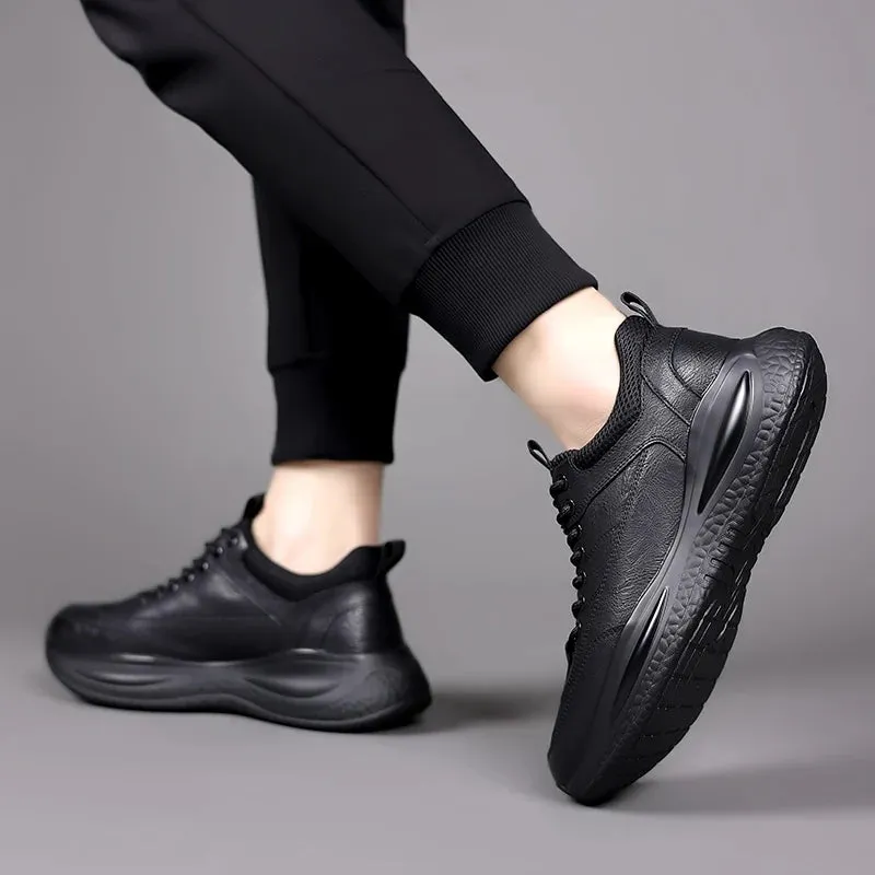 Hnzxzm Men's Casual Shoes lace up black Trend Wild Fashion Men Shoes Thick-soled Shoe Men genuine Leather Shoes Men