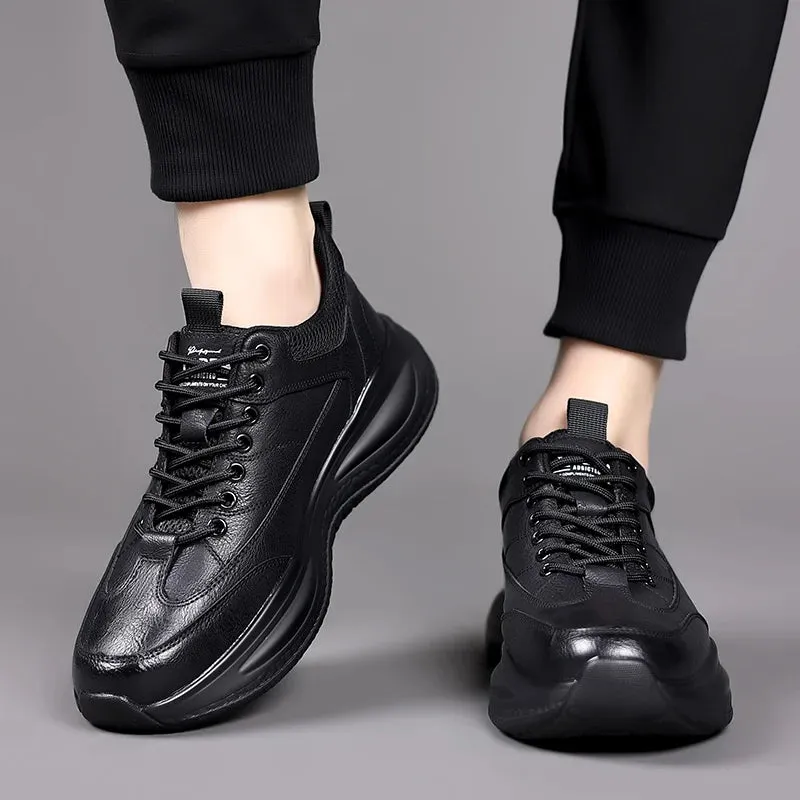 Hnzxzm Men's Casual Shoes lace up black Trend Wild Fashion Men Shoes Thick-soled Shoe Men genuine Leather Shoes Men