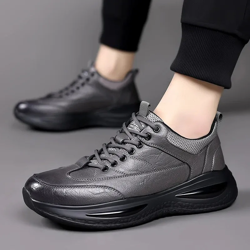 Hnzxzm Men's Casual Shoes lace up black Trend Wild Fashion Men Shoes Thick-soled Shoe Men genuine Leather Shoes Men