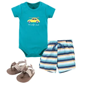 Hudson Baby Cotton Bodysuit, Shorts and Shoe Set, Surfer Dude